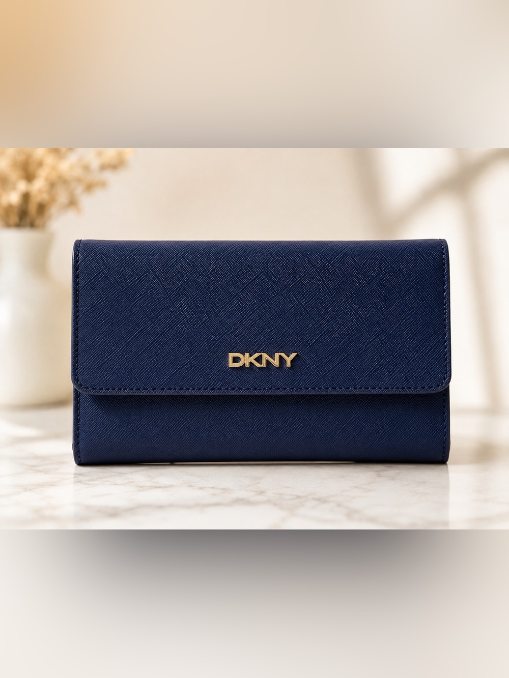Used Blue Saffiano Leather Wallet with Gold Logo